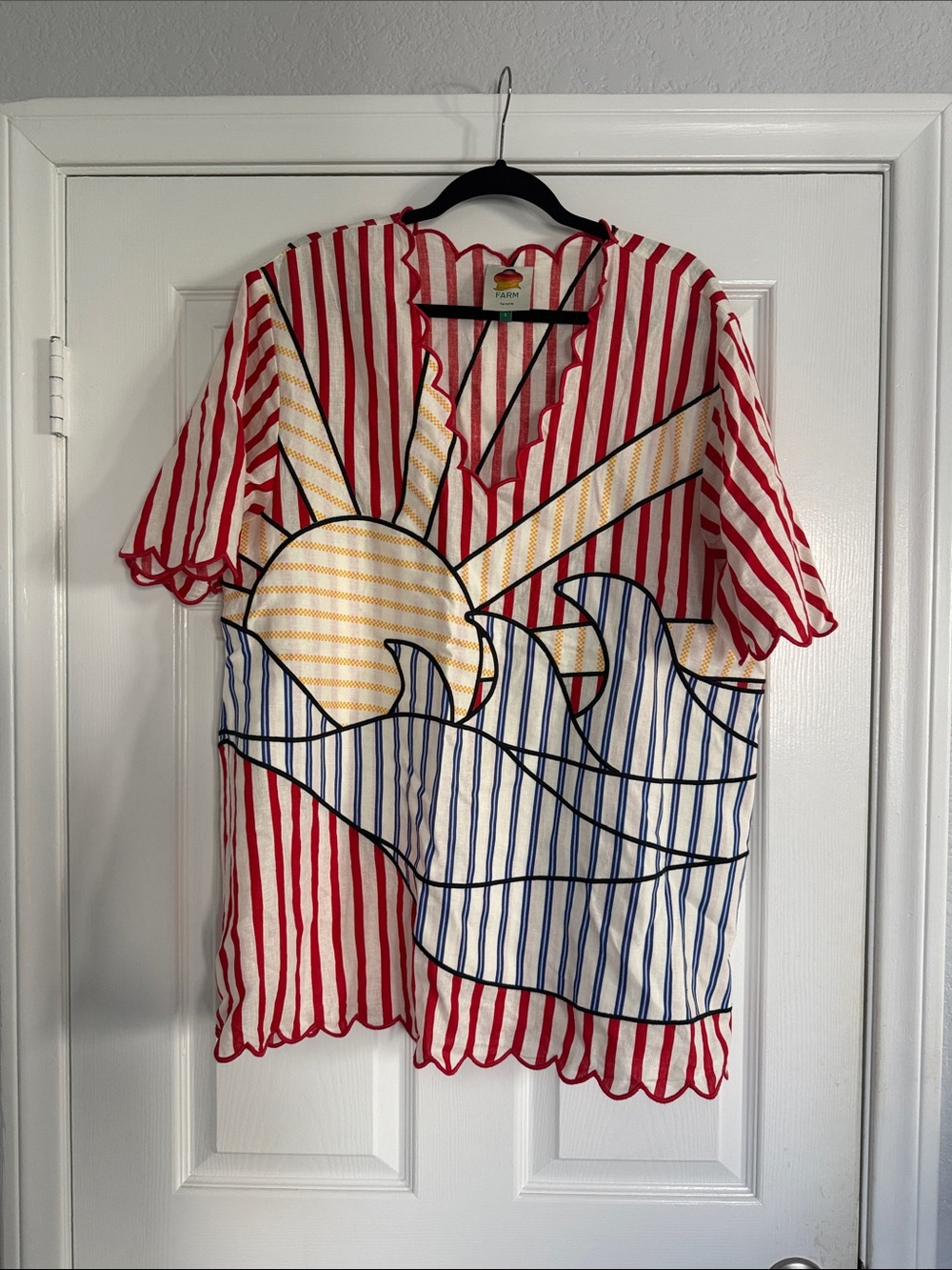 FARM Rio Red White Blue Short-Sleeve mini dress with Sun & Wave Graphic
